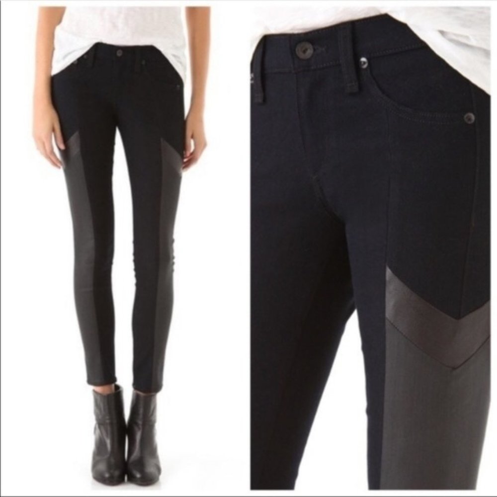 Rag & Bone Grand Prix Motocross Skinny Jean Leather Trim Midnight Dark Indigo 25